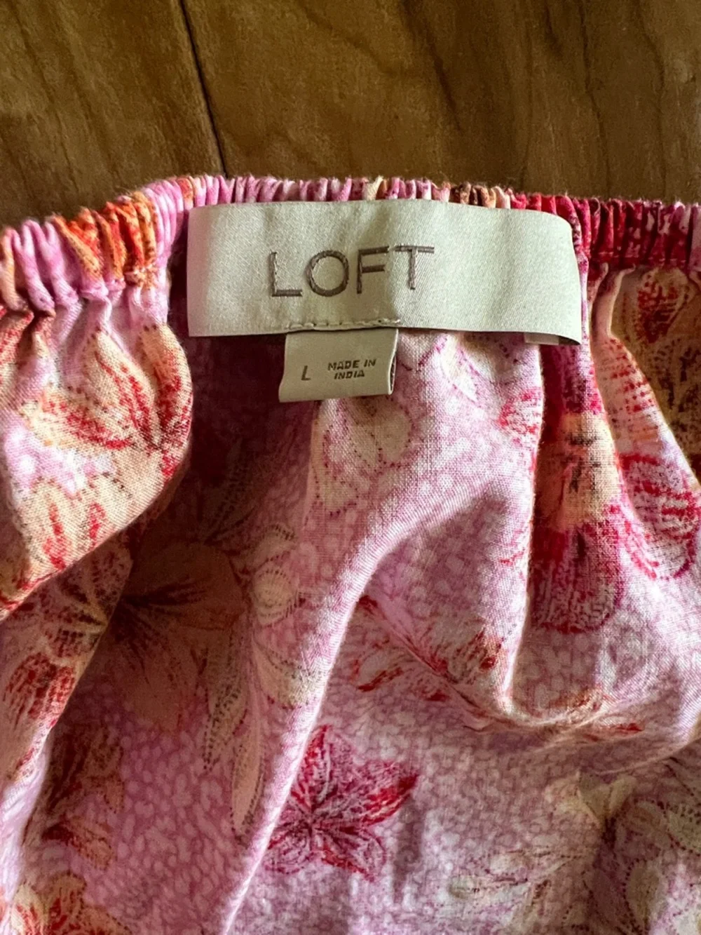LOFT Pink Floral Blouse Large Peplum V Neck Puff Sleeve Lightweight Top